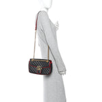 Vintage Effect Calfskin Matelasse Diagonal Small Torchon GG Marmont Shoulder Bag Black Romantic Cherry