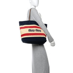 Raffia Crochet Stripe Tote Natural Blue