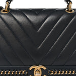 Sheepskin Chevron Stitched Chain Top Handle Flap Blue