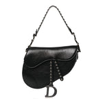 Shiny Crinkled Calfskin Studded Saddle Bag Black