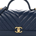 Calfskin Chevron Quilted Top Handle Flap Navy