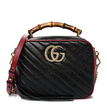 Vintage Effect Calfskin Matelasse Diagonal Small Torchon GG Marmont Bamboo Top Handle Shoulder Bag Black Romantic Cherry