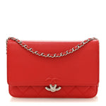 Grained Calfskin Quilted CC Box Wallet On Chain WOC Red