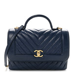 Calfskin Chevron Quilted Top Handle Flap Navy