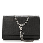 Calfskin Crocodile Embossed Medium Classic Monogram Kate Tassel Satchel Storm