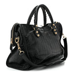 Calfskin Crocodile Embossed Giant 12 Gold Hardware City Black