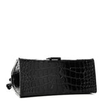 Shiny Calfskin Monochrome Crocodile Embossed Small Hourglass Top Handle Bag Black