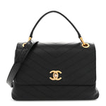 Grained Calfskin Snakeskin Small Chevron Chic Top Handle Flap Black