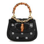 Sequin Lizard Embossed GG Mini Bamboo 1947 Top Handle Chain Bag Black White