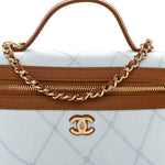 Washed Denim Calfskin Quilted Top Handle Slim Vanity Case With Chain Blue Brown