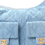 Washed Denim Quilted Large Trendy Pockets Hobo Blue