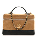 Suede Calfskin Shiny Lambskin Stitched Top Handle Slim Vanity Case With Chain Beige Black