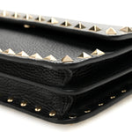 Pebbled Calfskin Rockstud Flap Wallet On Chain Black