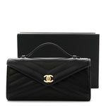 Lambskin Chevron Quilted Top Handle Envelope Clutch Black