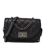 Shiny Goatskin Quilted Small Double Chained Messenger Flap Black