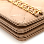 Shiny Aged Calfskin Quilted Clutch With Chain Dark Beige