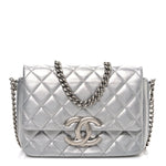 Metallic Lambskin Quilted Mini Maxi CC Flap Argent