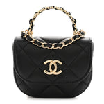 Lambskin Quilted Pearl Top Handle Clutch With Chain Black