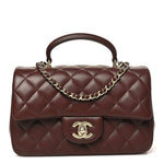 Lambskin Quilted Mini Top Handle Rectangular Flap Dark Brown