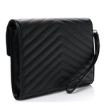 Grain De Poudre Matelasse Chevron Monogram Envelope Clutch Black