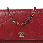 Lambskin Camellia Embossed Wallet on Chain WOC Red