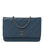 Shiny Caviar Quilted Enamel CC Wallet On Chain WOC Blue