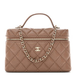 Caviar Quilted Top Handle Slim Vanity With Chain Dark Beige