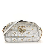 Metallic Calfskin Matelasse Studded Small Pearly GG Marmont Chain Shoulder Bag Silver