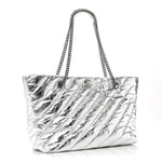 Metallic Crushed Calfskin Quilted Medium Crush Carry All Tote Bag Silver