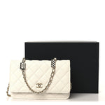 Shiny Caviar Quilted Flap Charm Wallet On Chain WOC White