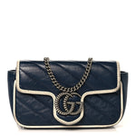 Vintage Effect Calfskin Matelasse Diagonal Super Mini Torchon GG Marmont Shoulder Bag Blue Agata Mystic White