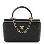 Lambskin Quilted Small Top Handle Vanity Case With Chain Black