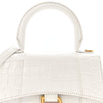 Shiny Calfskin Crocodile Embossed Hourglass Top Handle Bag XS White