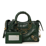 Shiny Supple Calfskin Crocodile Embossed Gold Metallic Edge Hardware Nano City Green