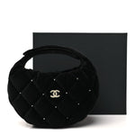 Velvet Diamanté Quilted Pocket Pouch Hobo Black