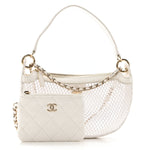 Mesh Shiny Lambskin Chain Hobo White
