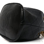 Shiny Lambskin Quilted Fashion Therapy Bucket Drawstring Bag Black