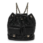 Lambskin Quilted Double Pocket Drawstring Backpack Black