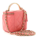 Lambskin Quilted Crystal Top Handle Mini Vanity Case With Chain Coral