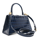 Shiny Calfskin Crocodile Embossed Small Hourglass Top Handle Bag Navy