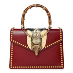 Glossy Calfskin Snakeskin Studded Fox Broche Bamboo Top Handle Bag Red