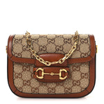 New Canvas Charisma Calfskin Crystal GG Monogram Mini Horsebit 1955 Shoulder Bag Camel Ebony