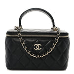 Lambskin Quilted Small Top Handle Vanity Case With Chain Black
