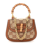 New Canvas Charisma Calfskin Crystal GG Monogram Small Bamboo 1947 Top Handle Bag Camel Ebony