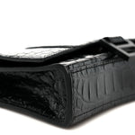 Shiny Calfskin Monochrome Crocodile Embossed Hourglass Chain Bag Black