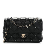 Lambskin Quilted Pearl Studded Flap Black