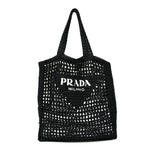Yarn Raffia Effect Crochet Logo Embroidered Tote Bag Black