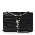Calfskin Crocodile Embossed Small Classic Monogram Kate Tassel Satchel Black