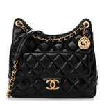 Shiny Crumpled Calfskin Quilted Wavy CC Hobo Black