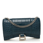Shiny Calfskin Crocodile Embossed Hourglass Chain Bag Dark Petrol Blue